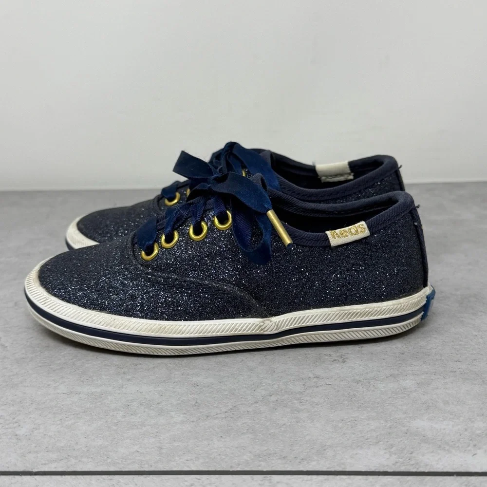 Keds X Kate Spade Size 7 Kids Navy Glitter Sneakers with Ribbon Laces